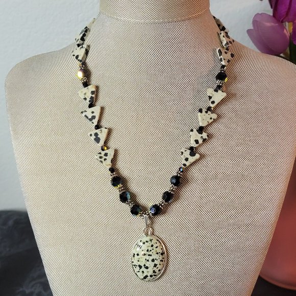 Artisan Jewelry - 925 Silver - Dalmation Jasper And Swarovski Crystal Necklace